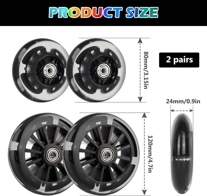 Leuchtende Scooter Räder, 2 Paar Led Scooter Rollen Räder, 80mm,120mm Scooter Ersatzräder, Stunt Sco