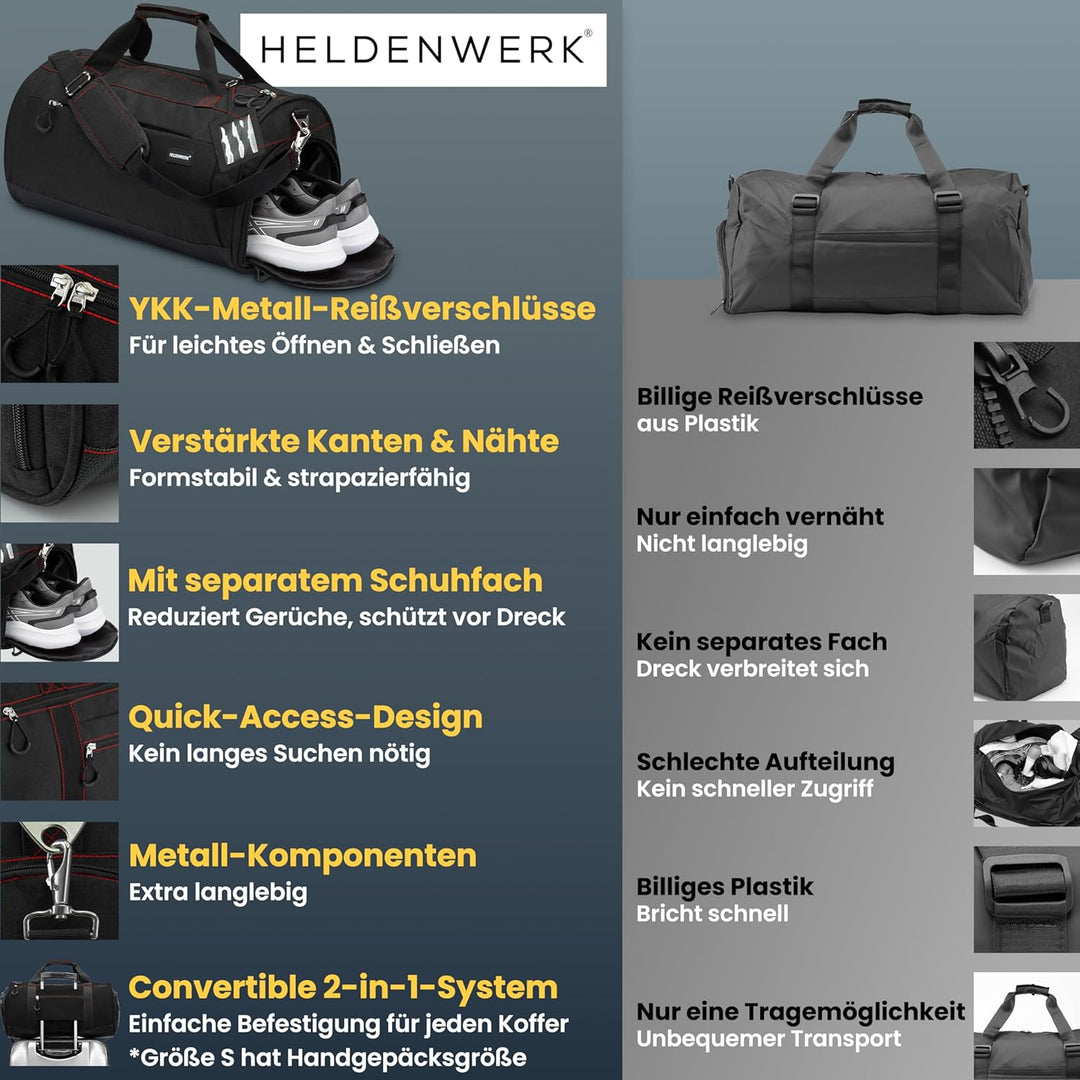 Heldenwerk® Sporttasche & Reisetasche für Damen und Herren gross I Trainingstasche mit Schuhfach und