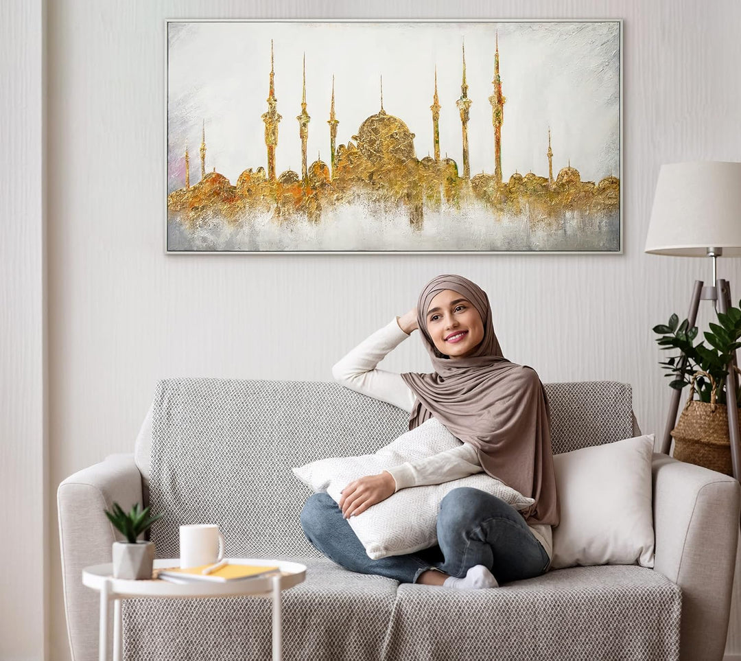 YS-Art XXL Abstrakt Acryl Gemälde auf Leinwand mit Rahmen Moschee handgemalte Wandbilder Wohnzimmer