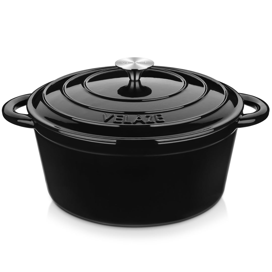 Velaze Gusseisen Topf 29cm, 6.5L Schwarz Gusseisen Bräter mit Deckel, Hochwertiger Emaille Topf Gros