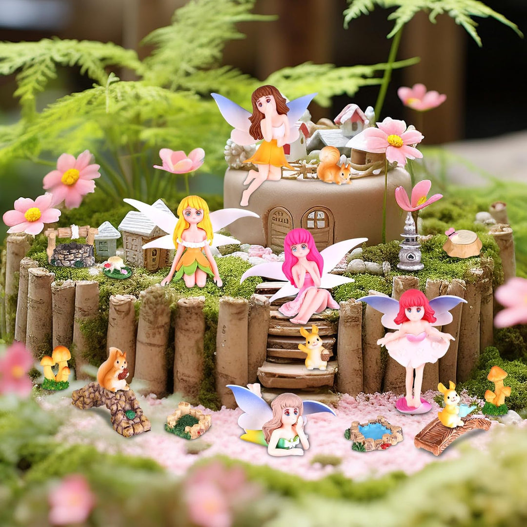 23 Stück Feengarten Zubehör Set Mini Fee Figuren Harz Pilze Hase Eichhörnchen Leuchtturm Brücken Min
