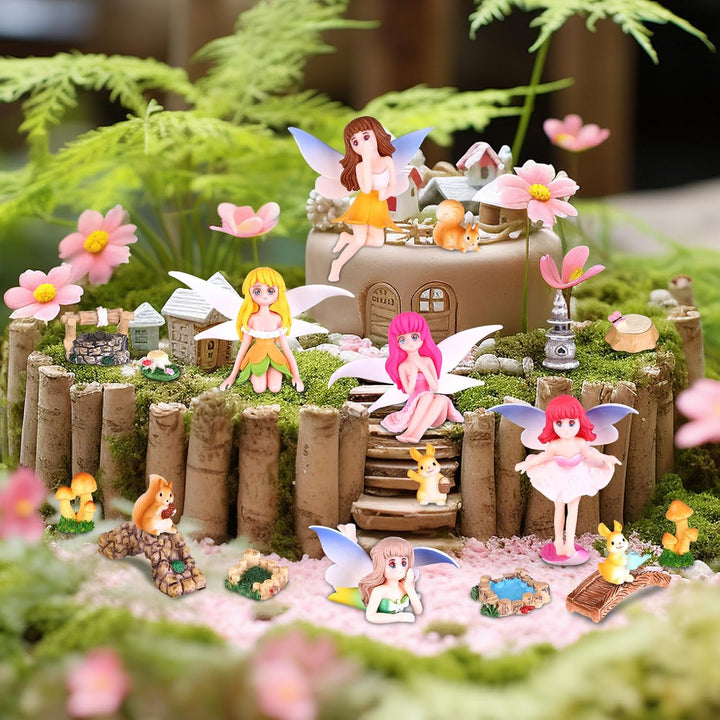 23 Stück Feengarten Zubehör Set Mini Fee Figuren Harz Pilze Hase Eichhörnchen Leuchtturm Brücken Min