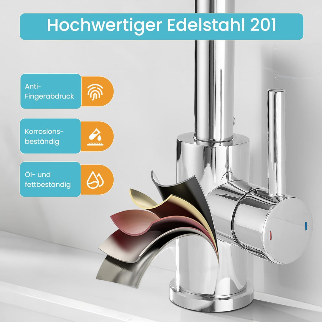 Wasserhahn Bad,Badarmatur/Küche Klein,360°drehbar,Einhebelmischer,Edelstahl Waschbeckenarmatur Chrom