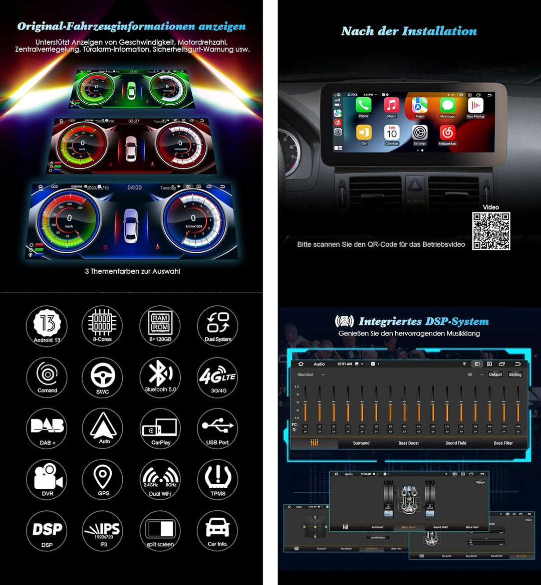 Erisin 10.25" 8-Kern 4GB+64GB Android 12 Autoradio GPS Navi für Mercedes-Benz C-Klasse W204 S204 mit