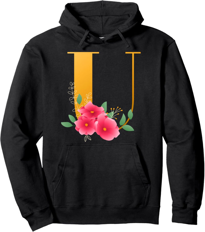 Floral U Alphabet Cute Initial Monogram Letter U Graphic Pullover Hoodie