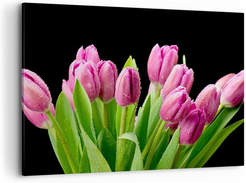 Bilder auf Leinwand 100x70cm Leinwandbild Tulpen Blumenstrauss Tau Tropfen Gross Wanddeko Bild Schla