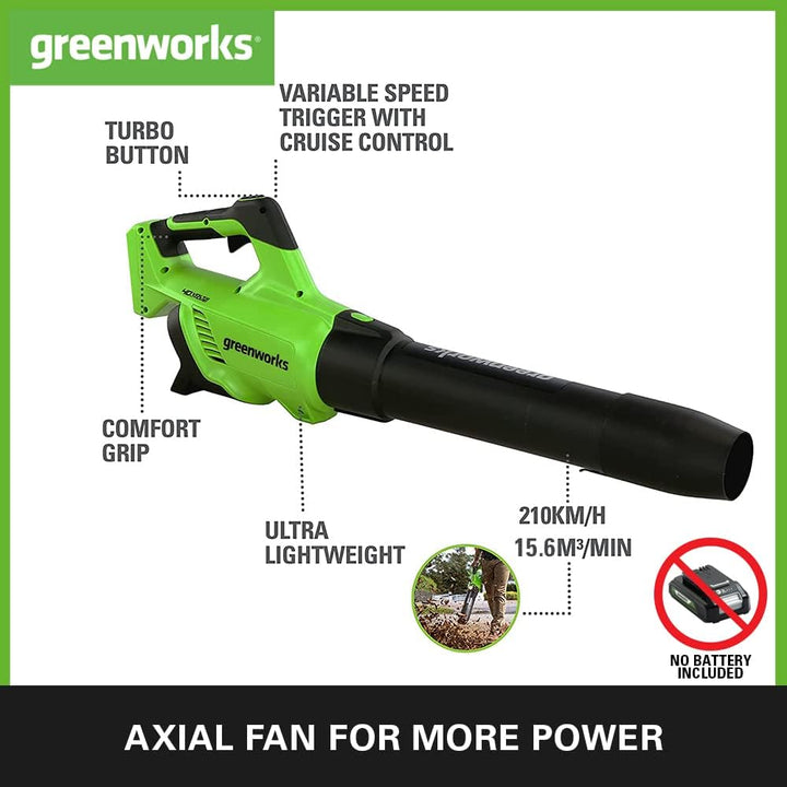 Greenworks GD40AB Akku Laubbläser mit Tempomat, bürstenloser Motor, 210 km/h, 15,6 m³/min, Turbofunk