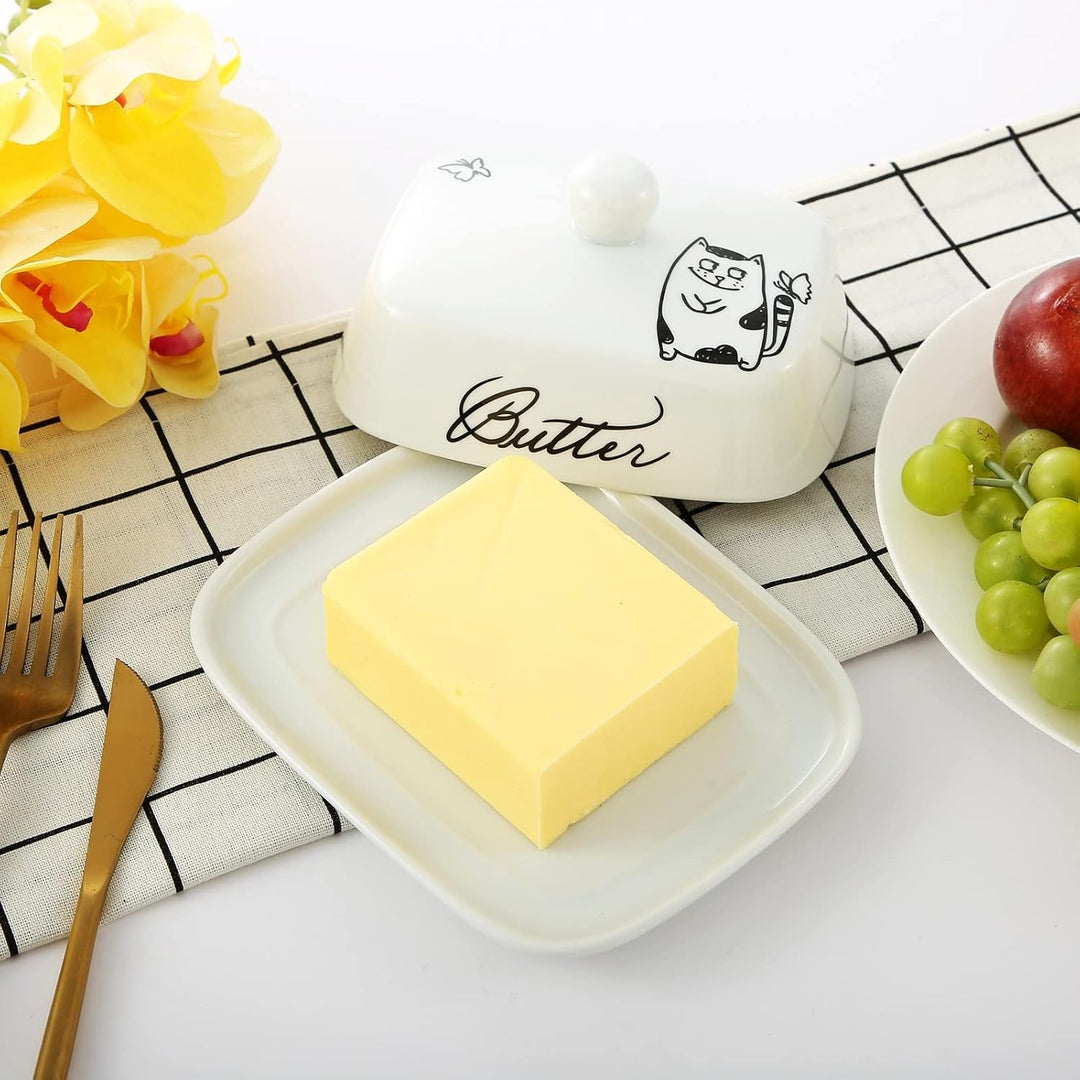 Butterdose mit Griff für 250g Butter, Hochwertige Keramik, Weiss mit Schwarzem Katzenmuster, Porzell