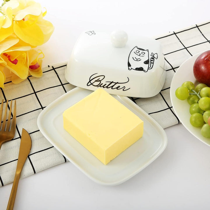 Butterdose mit Griff für 250g Butter, Hochwertige Keramik, Weiss mit Schwarzem Katzenmuster, Porzell