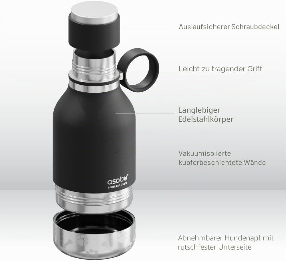 Asobu Hundenapf für Haustiere, mit isolierter Edelstahl-Reiseflasche, 945 ml, Schwarz, 1 Count (Pack