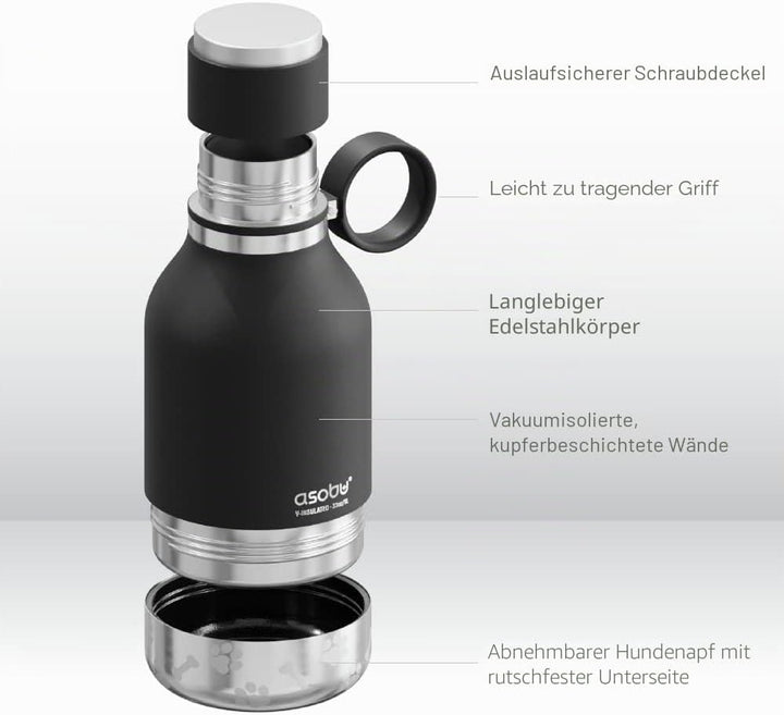 Asobu Hundenapf für Haustiere, mit isolierter Edelstahl-Reiseflasche, 945 ml, Schwarz, 1 Count (Pack