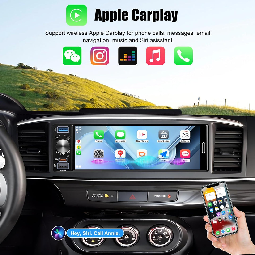 CAMECHO Autoradio 1 Din Wireless Carplay Android Auto Radio Bluetooth 5.2 mit Rückfahrkamera, 6.5 Zo