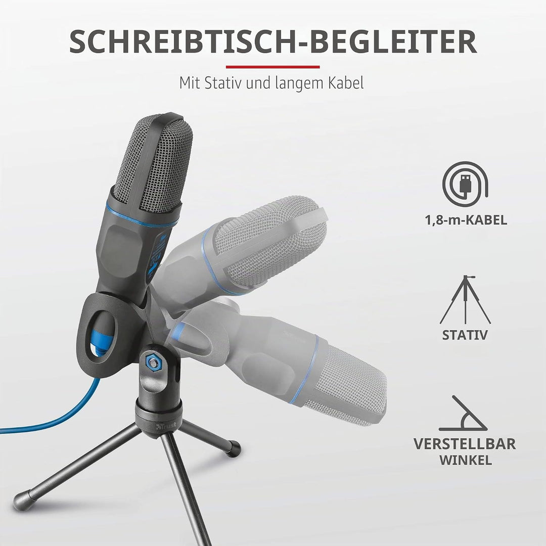 Trust Mico PC Mikrofon mit Kondensator und Stativ, Mit 3,5 mm und USB Anschluss, Plug and Play, Micr