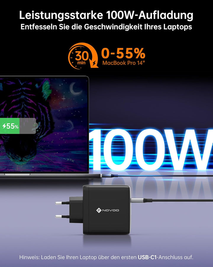 NOVOO 120W USB C Ladegerät GaN Ⅲ USB C Netzteil 3-Port mit Schnellladeleistung Kompaktes Reisen komp