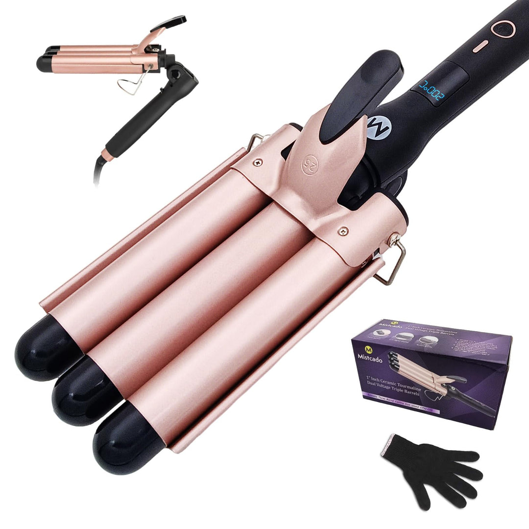 3 Fässer Welleneisen, 25mm Keramik Turmalin Haar Lockenstab Waver Wand mit LCD-Temperaturanzeige, Sc