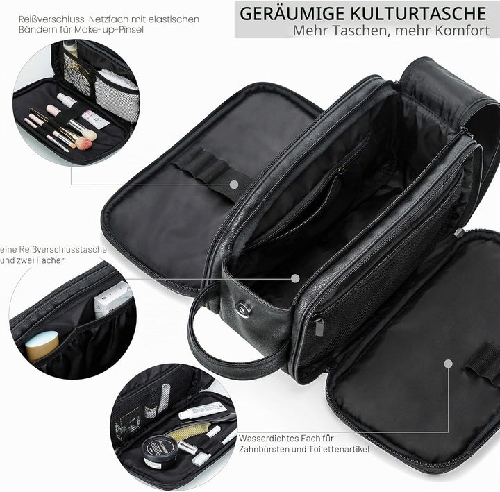 Elviros Kulturbeutel Herren, Geschenke für Männer, PU-Leder Wasserdicht Reise Grosse Öffnung Kulturb