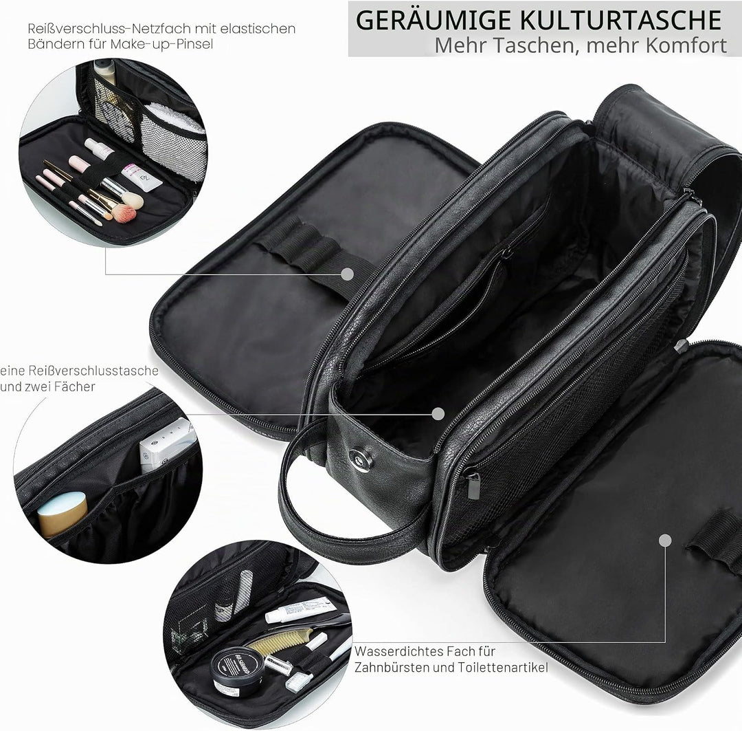 Elviros Kulturbeutel Herren, Geschenke für Männer, PU-Leder Wasserdicht Reise Grosse Öffnung Kulturb