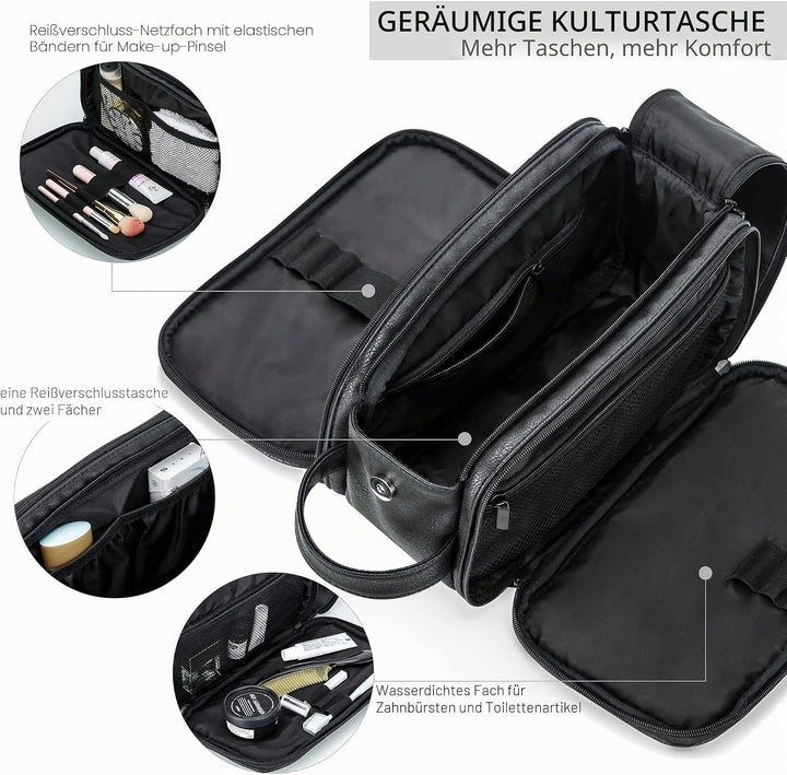 Elviros Kulturbeutel Herren, Geschenke für Männer, PU-Leder Wasserdicht Reise Grosse Öffnung Kulturb