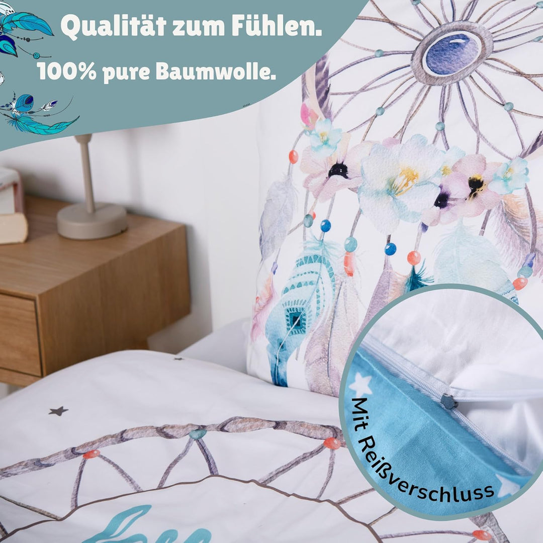Familando Moderne Wende Bettwäsche-Set 135 x 200 cm 80 x 80 cm mit Traumfänger 100% Baumwolle Dream-