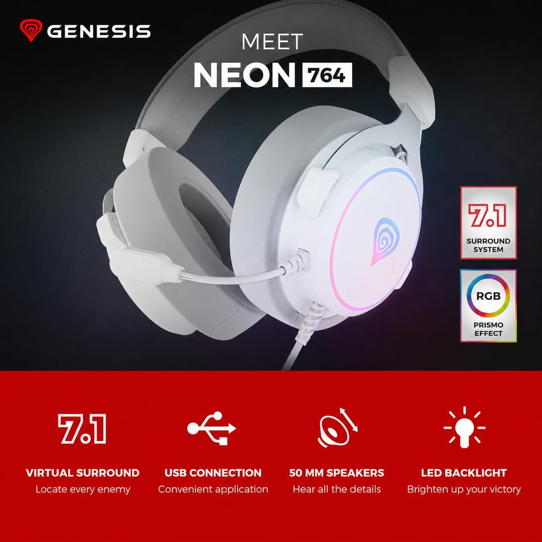 Genesis Neon 764 RGB Gaming Headset USB mit Virtual 7.1 Surround Sound, 50mm Treiber, ENC Mikrofon,