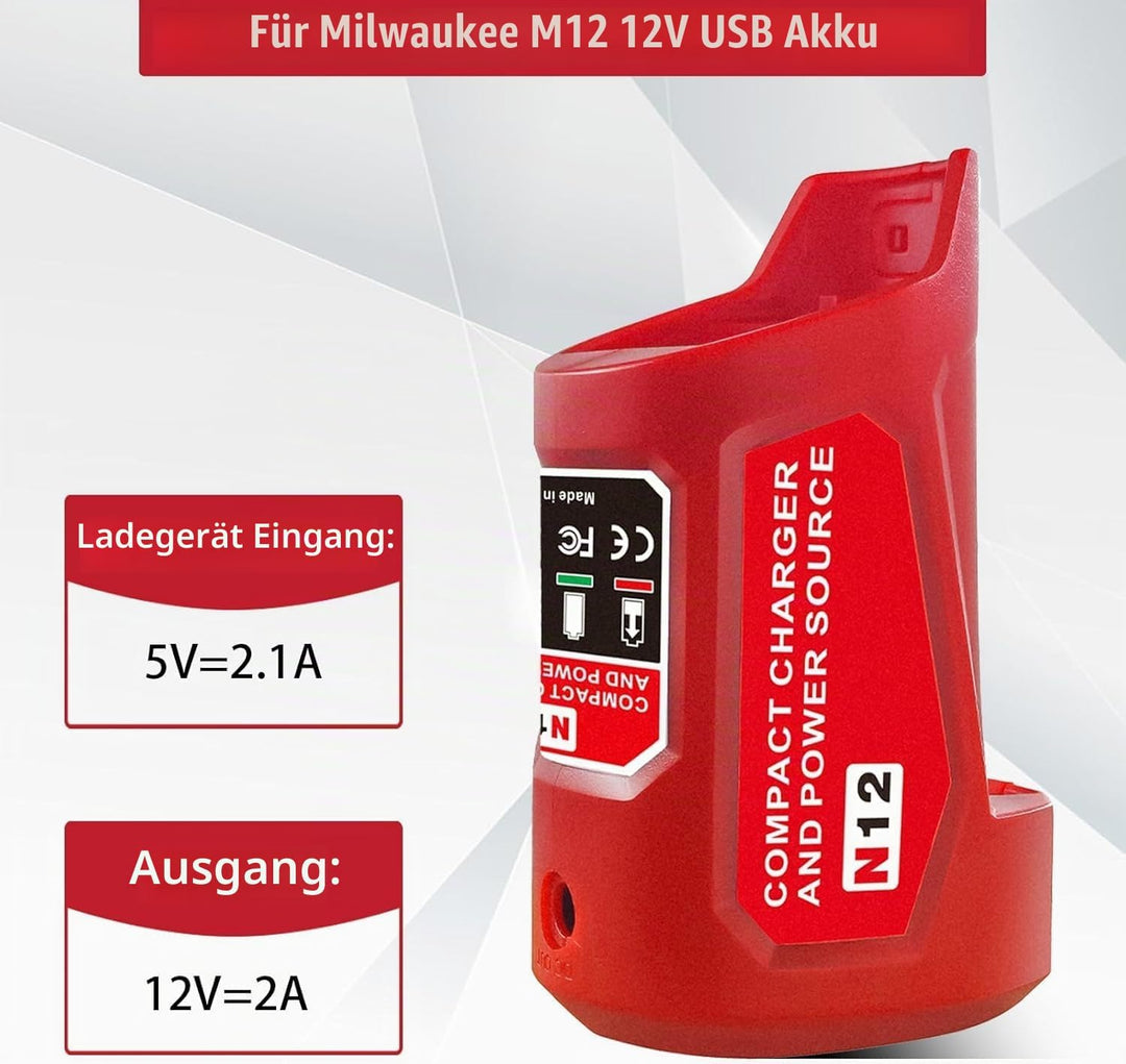 M12 Akku Ladegerät mit Typ-C Anschluss &amp; DC 12V Ausgang, Ersatz-Netzteil für Milwaukee M12 12V Akku