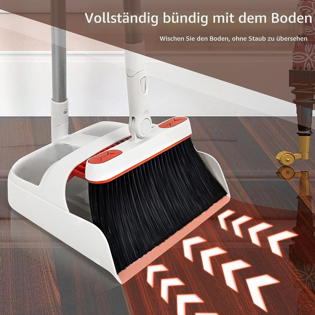 JEHONN Besen und Kehrschaufelset Set mit Langem Griff, 180 Grad Drehbar Kehrmaschine und Kehrschaufe
