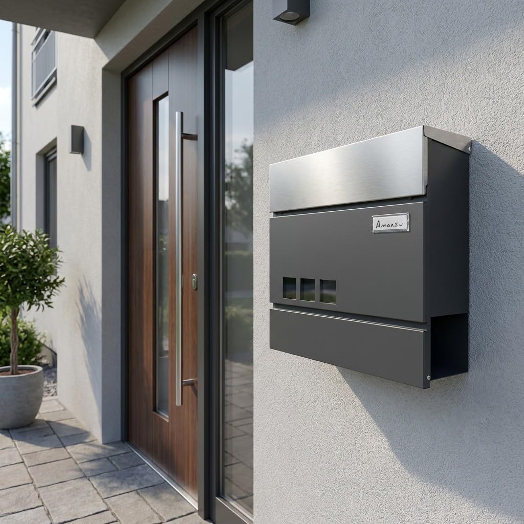 Briefkasten anthrazit - Edelstahl, mit Sichtfenster und Namensschild, Postkasten mit Zeitungsfach, S