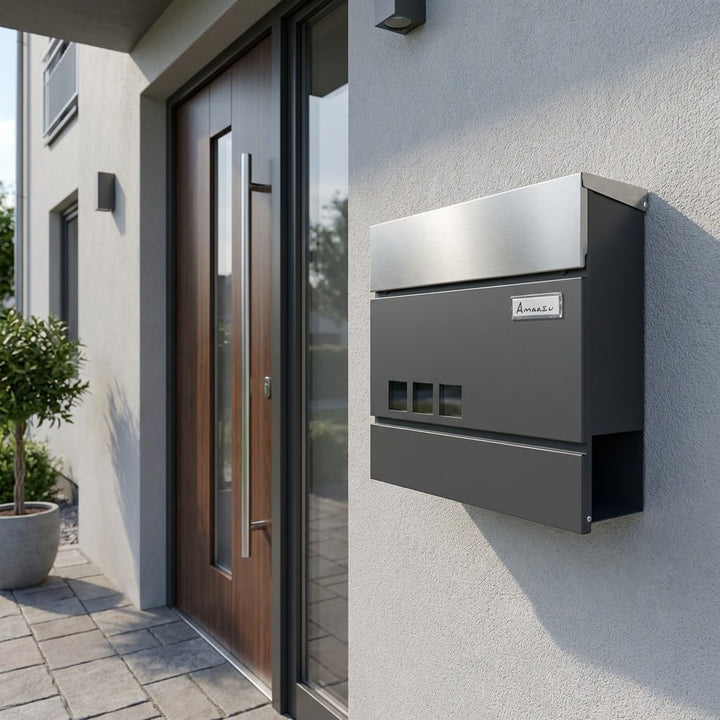 Briefkasten anthrazit - Edelstahl, mit Sichtfenster und Namensschild, Postkasten mit Zeitungsfach, S