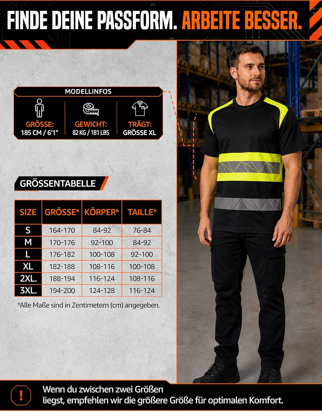 Warnschutz T-Shirt - Atmungsaktiv mit Reflexstreifen und Baumwolle - Warn Tshirt M Schwarz Neongelb,