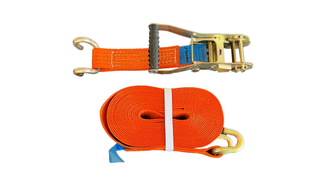 Set mit 4 Stück - Spanngurt mit selbstsichernder Ratsche SpanSet 9 m, 50 mm Band, Hornhaken und Arbe