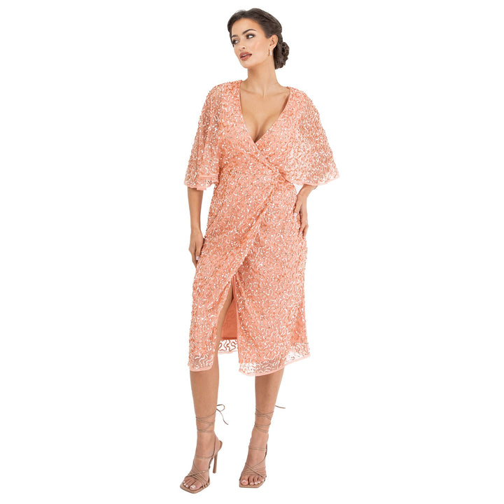 Maya Deluxe Womens Midi Dress Ladies Sequin Embellished Cape Sleeve Wrap Dress for Wedding Guest Bri