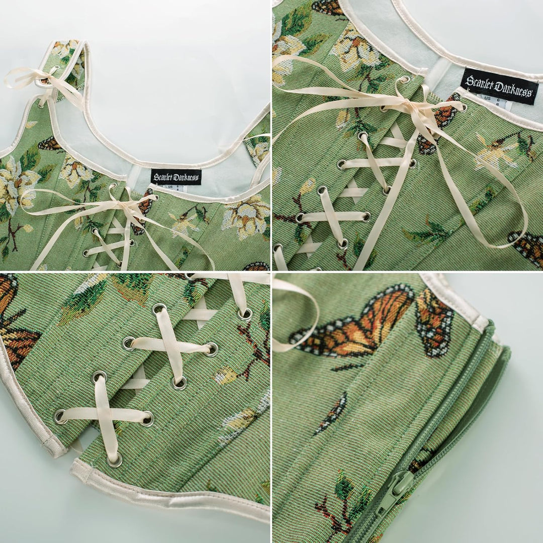 Scarlet Darkness Korsett-Oberteil für Damen, Renaissance, Schnürung, Blumenmuster, Überbrust-Bustier