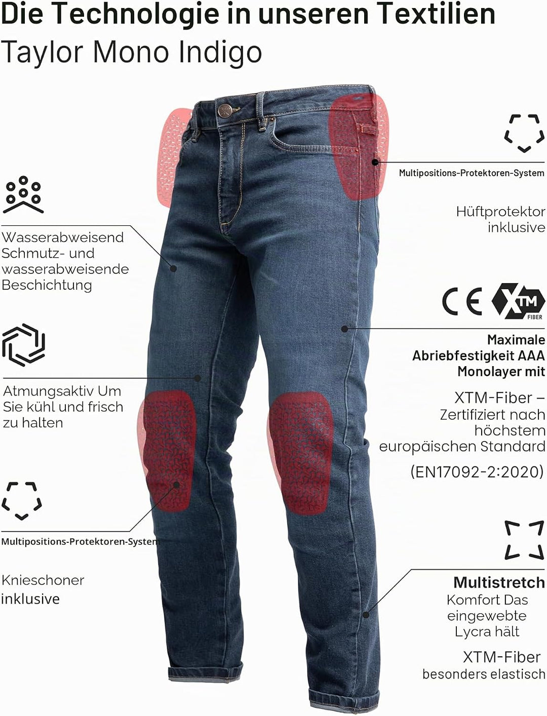 John Doe Taylor Monolayer XTM Motorrad Jeans Stretch Atmungsaktiv mit Protektoren 28W / 32L Indigo,