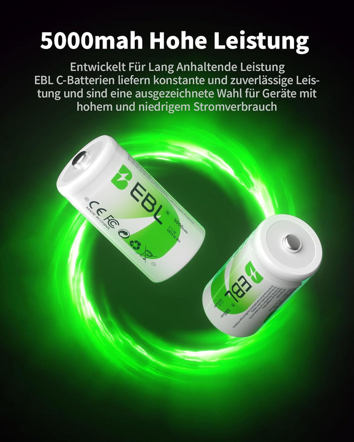 EBL Baby C Akku 5000mAh - NI-MH wiederaufladbare Batterie 4er Pack mit Aufbewahrungsbox, 1,2V Typ C