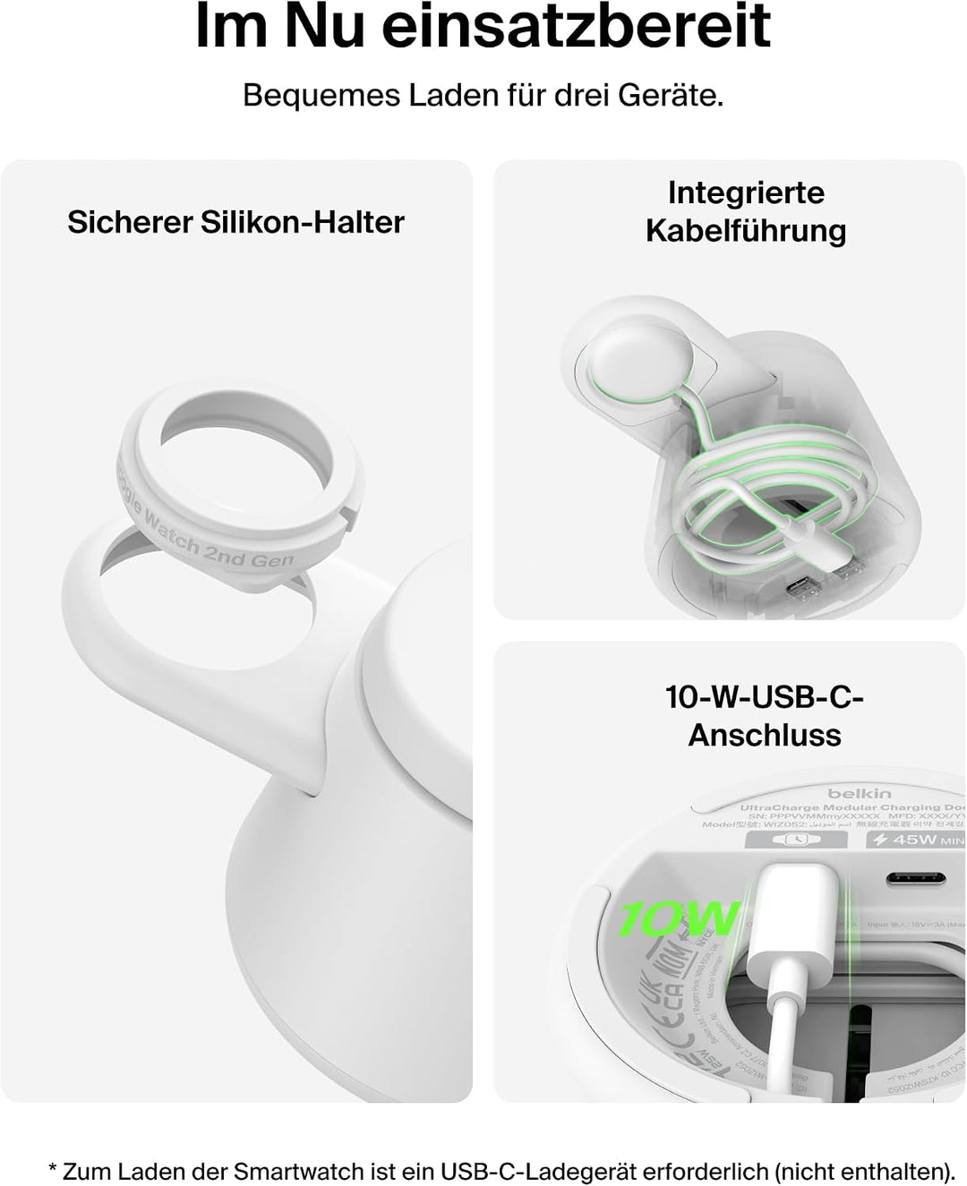 Belkin UltraCharge 3-in-1 Induktive Ladestation mit Qi2, 25W – Weiss | Qi2.2-zertifiziert, Kabellose