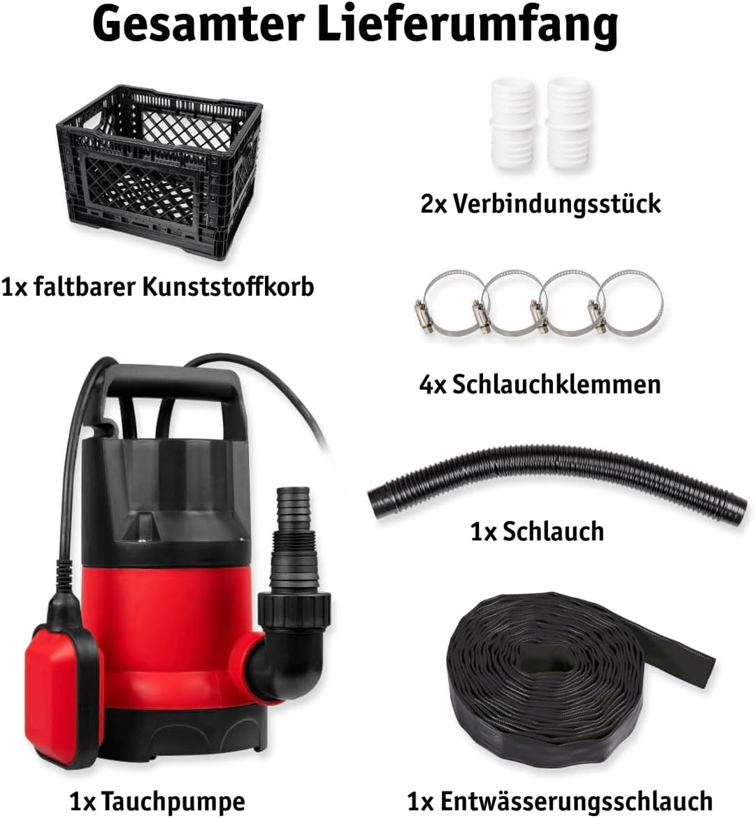 WALTER Schmutzwassertauchpumpe Set (550W, 10.500l/h, Förderhöhe max. 7m, Anschlusskabel 10m, Schwimm