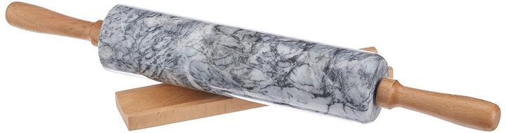 Küchenprofi Teigrolle aus Marmor, Ø 6cm, L 47 cm, Teigroller mit Holz Ablage und Griffen, Marmor Nud