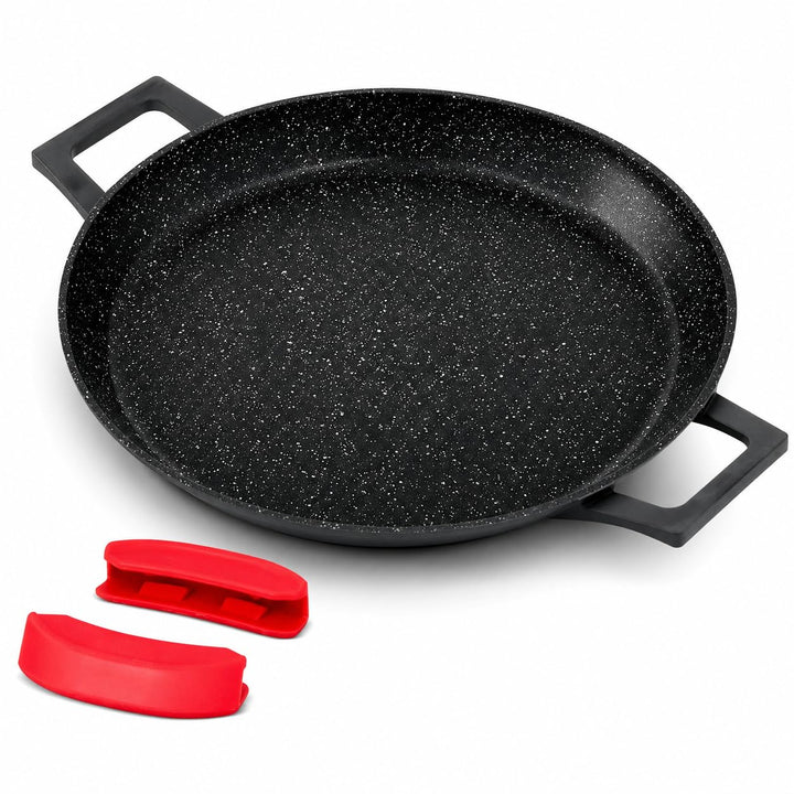 ROYAL SWISS Paella Pfanne 32 cm Schwarz, Aluminiumguss Paellera mit Marmor Antihaftbeschichtung, Ind