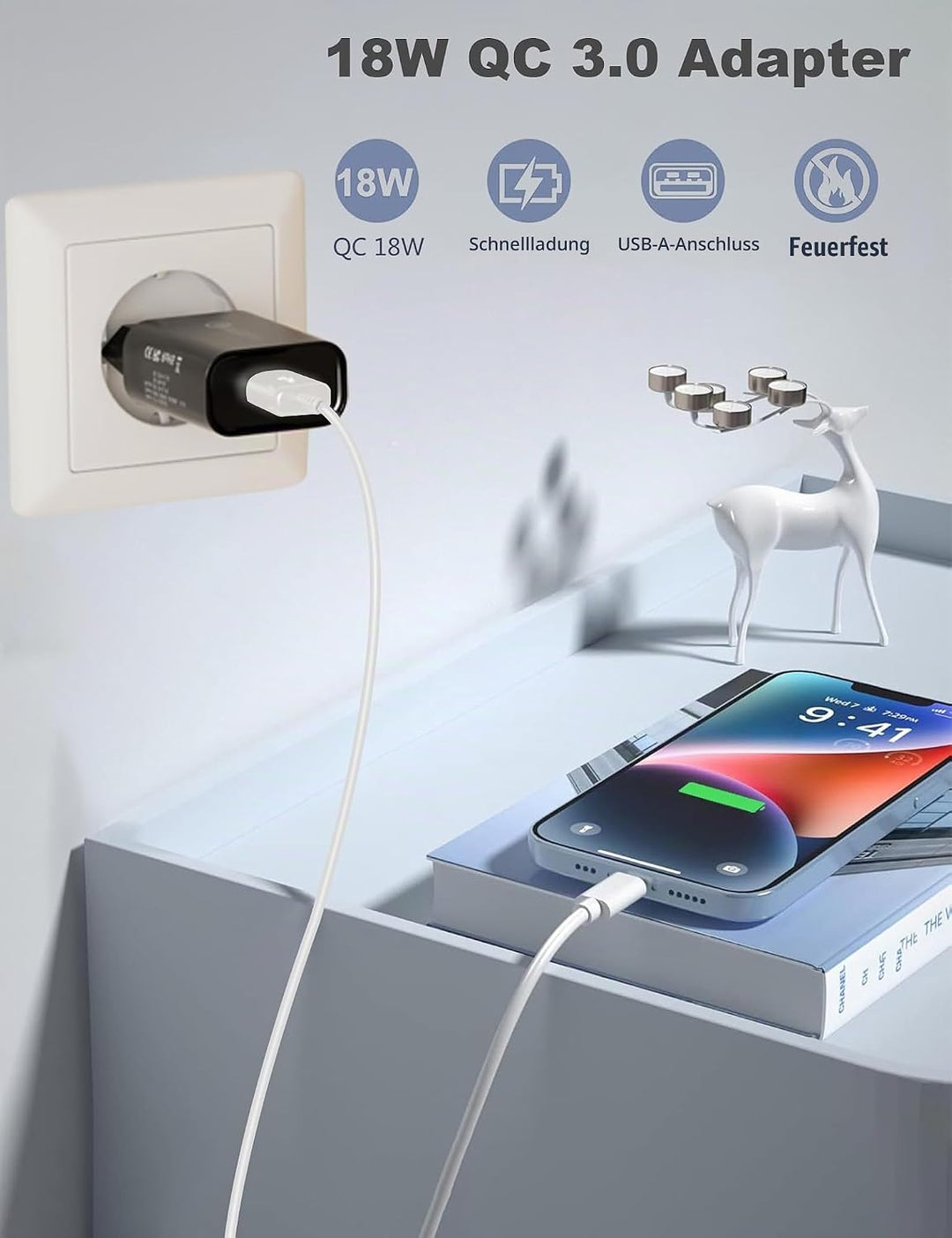18W/3A USB Ladegerät Stecker Schnellladegerät Quick Charge 3.0 Ladeadapter Universal Netzteil für Sa