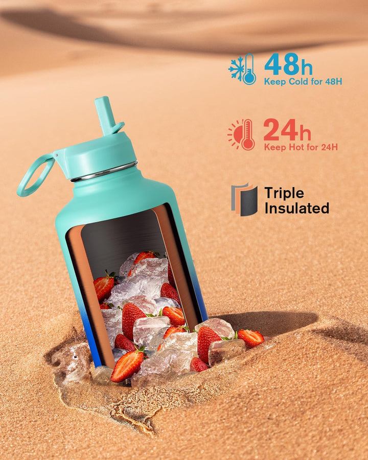 Isolierte Wasserflasche 18 l mit Strohhalm & 3 Deckel Coolflask Half Gallone Water Jug Large Metal S