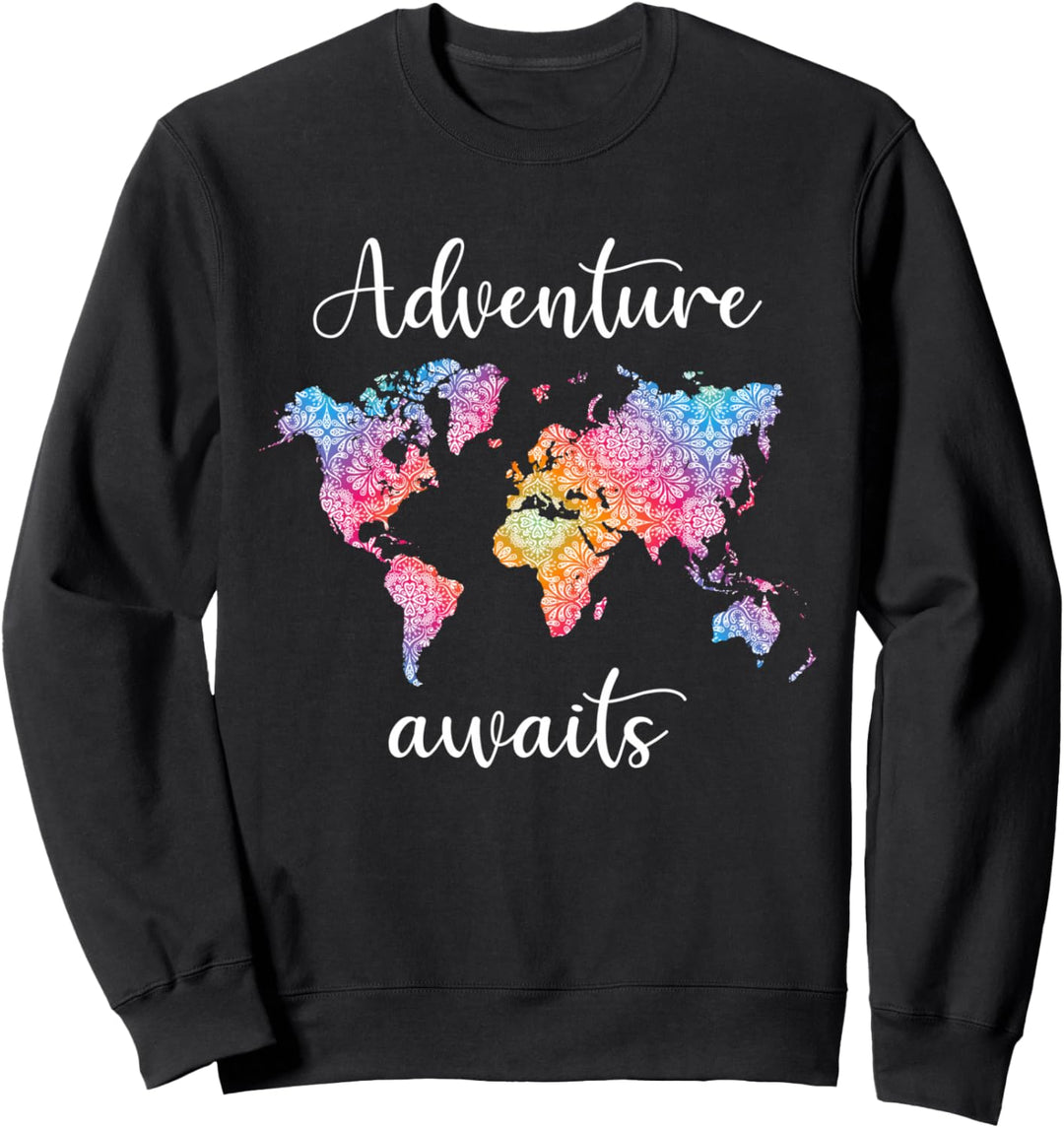 Adventure Awaits Mandala Weltkarte Reiselustig Fernweh Reise Sweatshirt