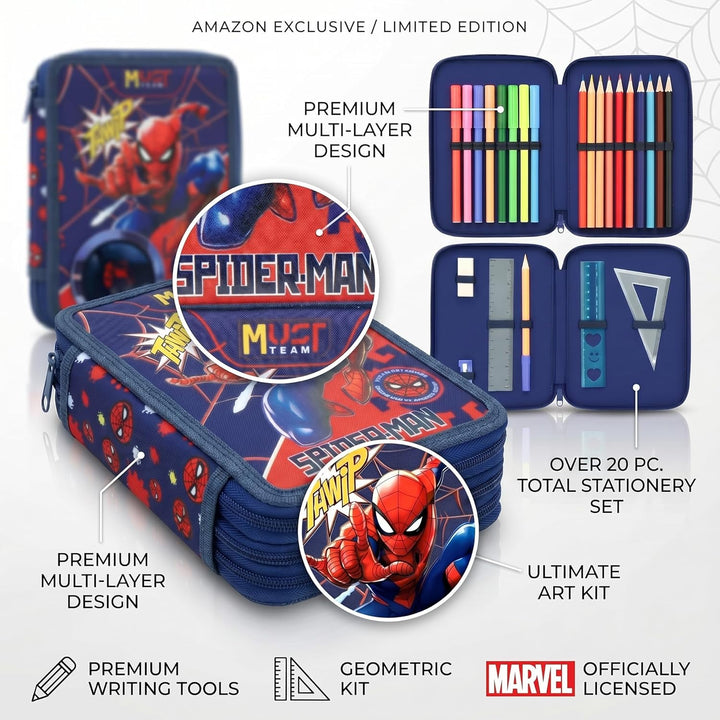 Marvel Federmäppchen für Jungen, Federmäppchen, Fächer, gefüllt, für Schule, Filz, Buntstift, Gesche