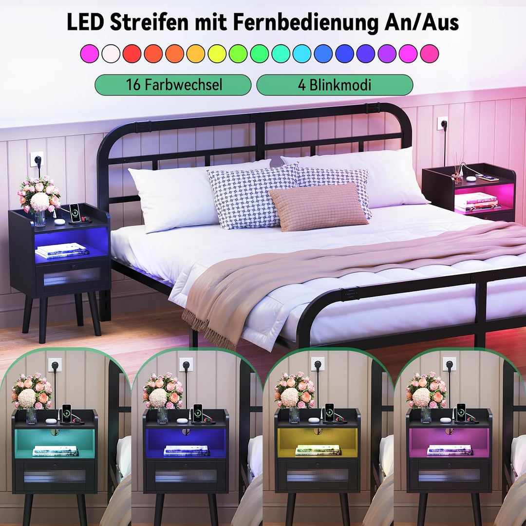 Nachttisch mit Steckdose und Ladefunktion, 2 AC-Steckdosen, 2 USB-Anschlüsse, Nachtschrank mit 16 Fa