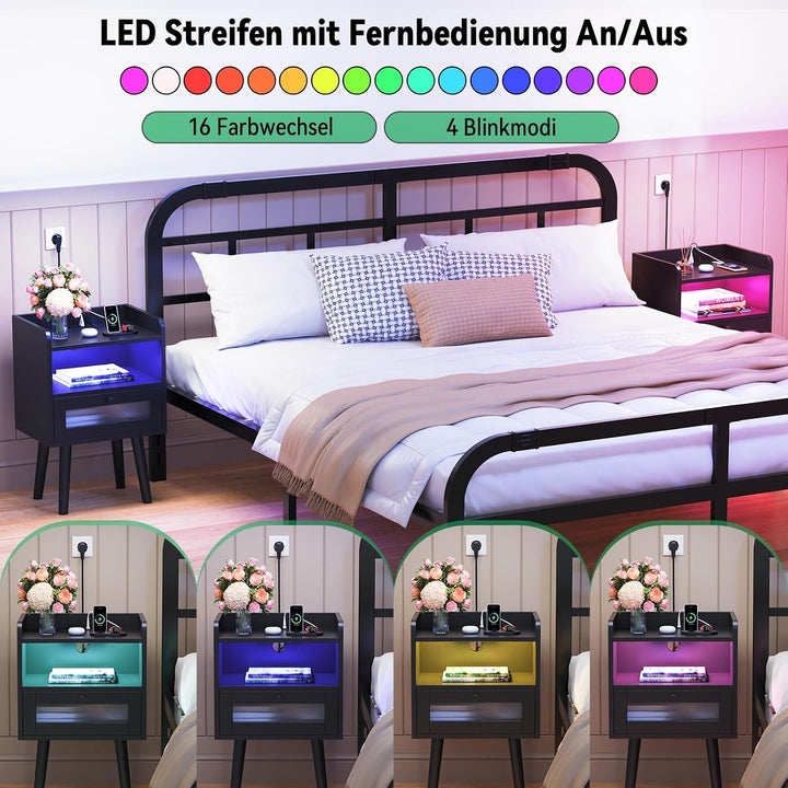 Nachttisch mit Steckdose und Ladefunktion, 2 AC-Steckdosen, 2 USB-Anschlüsse, Nachtschrank mit 16 Fa