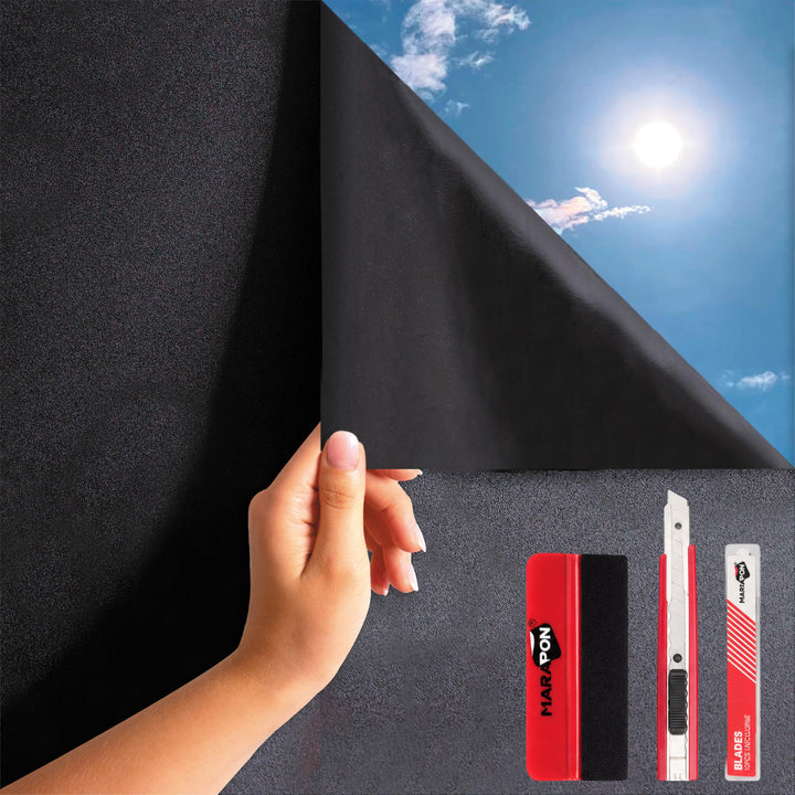 MARAPON Verdunkelungsfolie Schwarz 1,05x2 m Set inkl. Rakel Cutter 10 Klingen Statisch haftende Blac