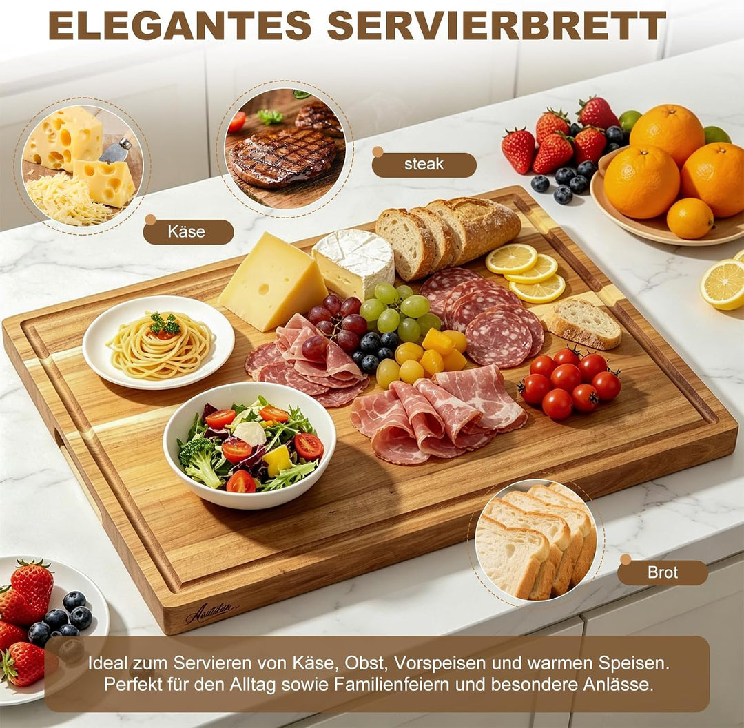 Schneidebrett Holz 43×33×2,5 cm aus massivem Akazienholz Küchenbrett | Saftrille hält Flüssigkeit zu