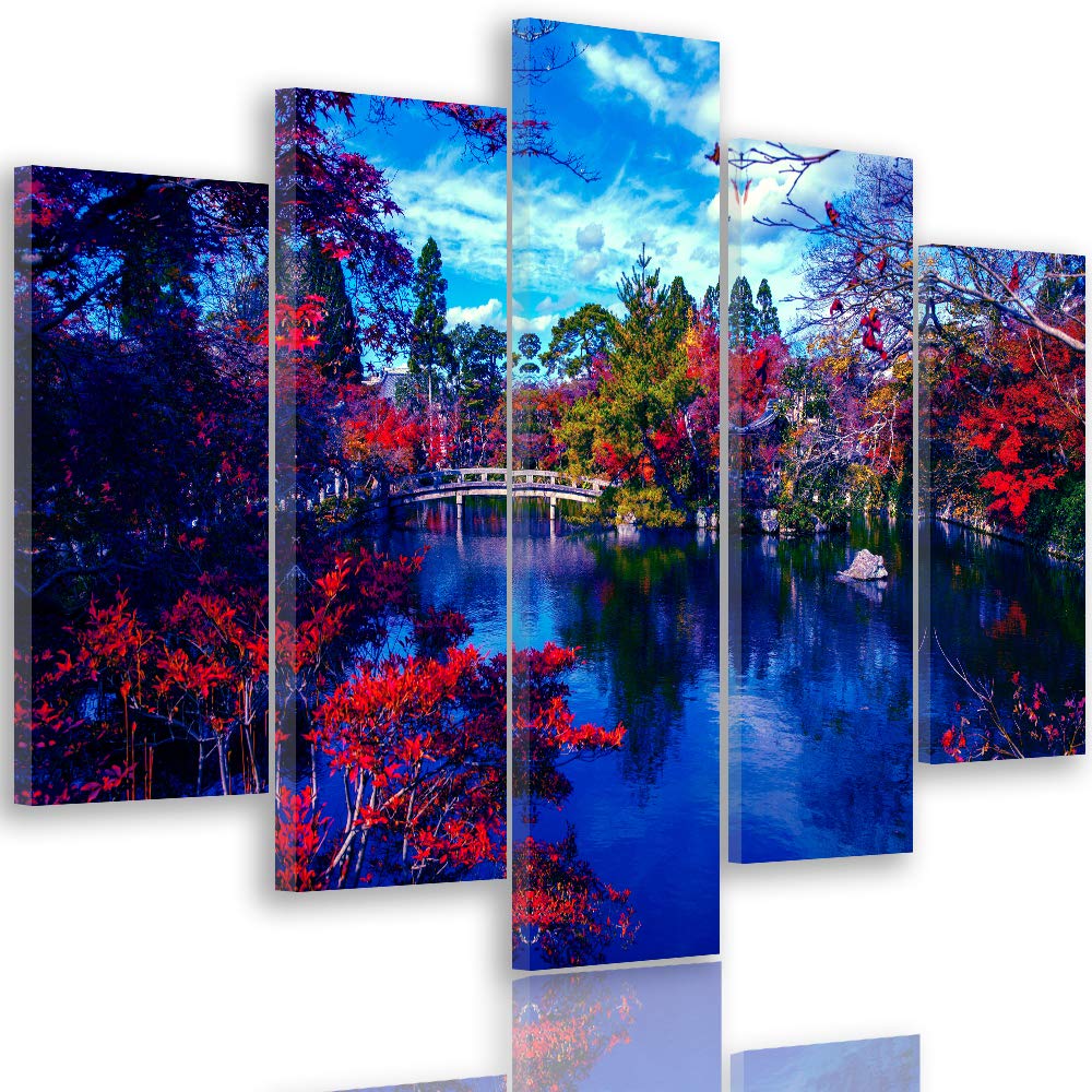 Feeby Bilder Rote Blumen 300x140 cm - Leinwandbild 5 Teilig XXL Kunstdruck Wasser blau Leinwandbild