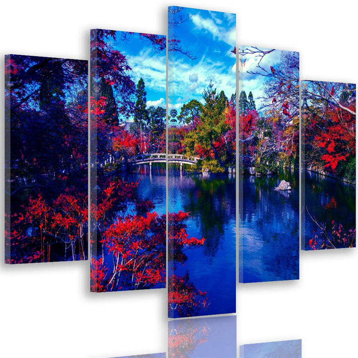 Feeby Bilder Rote Blumen 300x140 cm - Leinwandbild 5 Teilig XXL Kunstdruck Wasser blau Leinwandbild