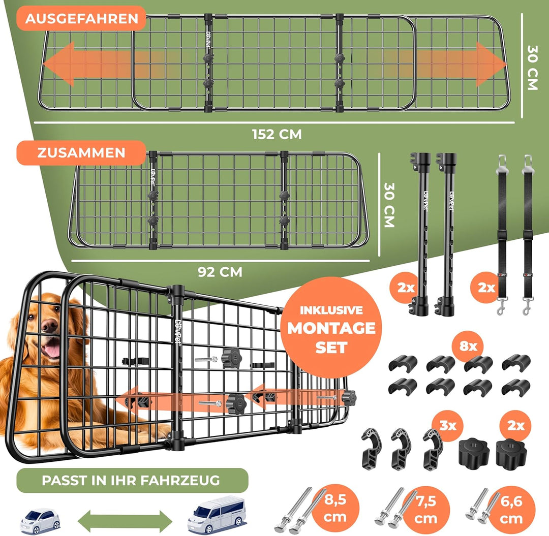 Lovpet® Hundegitter Auto, Autoschutzgitter Trenngitter Universal, verstellbare Breite, Kopfstütze Ko
