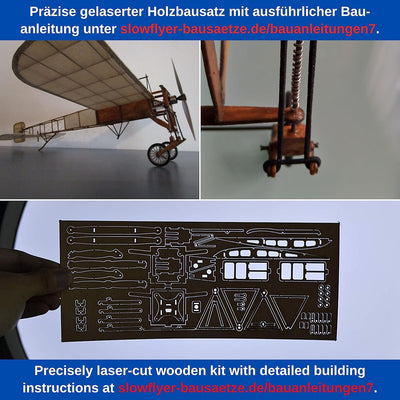 Blériot XI Slow Flyer KIT, 420 mm Spannweite, Massstab 1/20, Modellflugzeug zum selber Bauen, Balsa